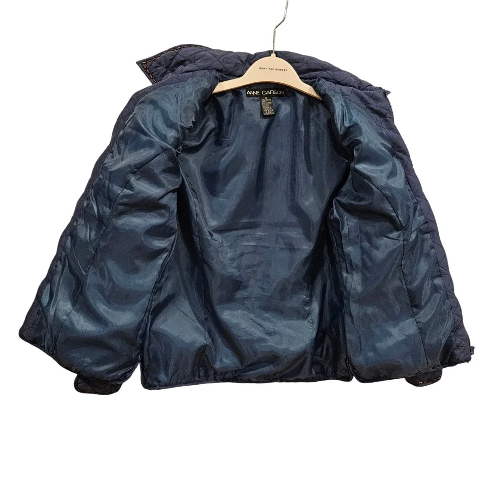 ANNE‎ CARSON Quilted Silk Jacket Navy Embellished Butterfly M Vintage Beaded Y2K